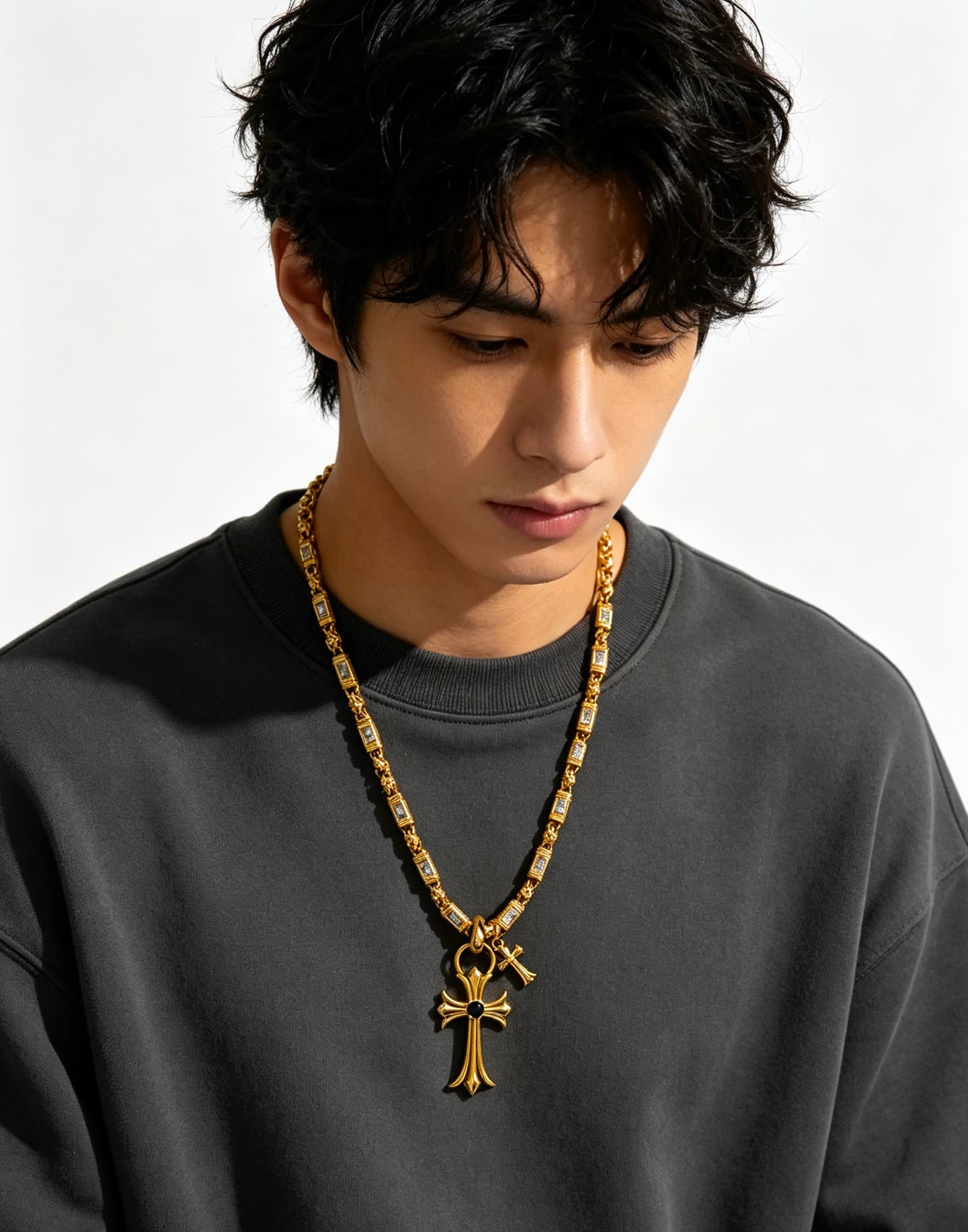 Chrome Hearts Gold Tone Crystal Cross Pendant Necklace